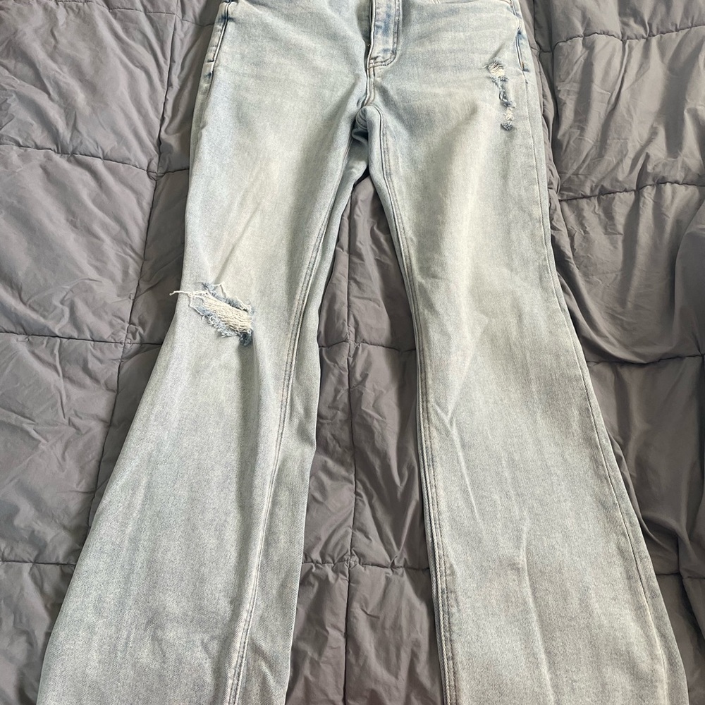 Blue Flare Wide Leg Jeans with Knee Distressing
